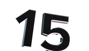 A large, metallic 3D-style '15' with a reflective effect.