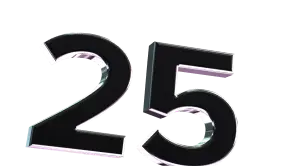 A large, metallic 3D-style '25' with a reflective effect.